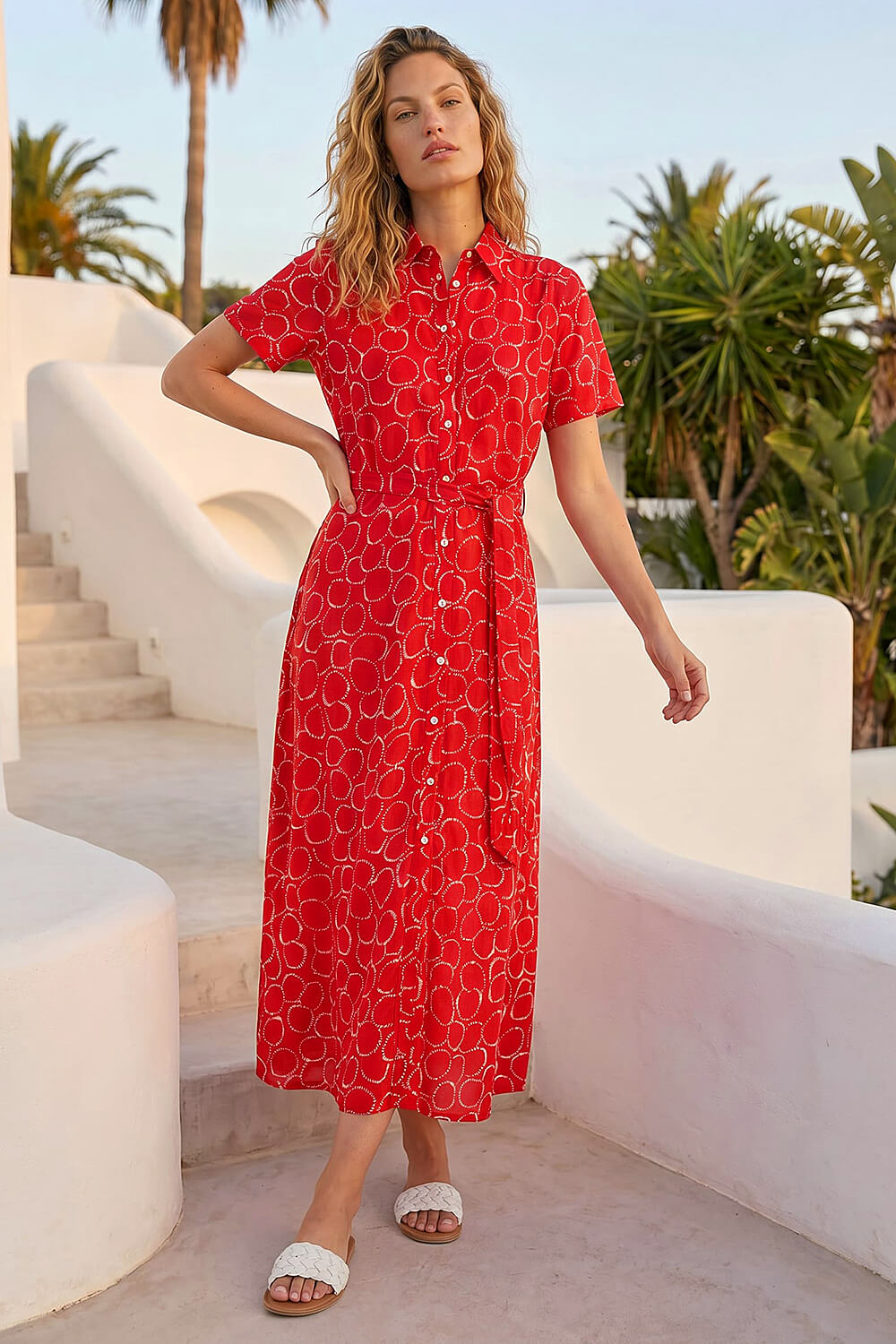 Red Geo Print Belted Shirt Dress, Image 4 of 4