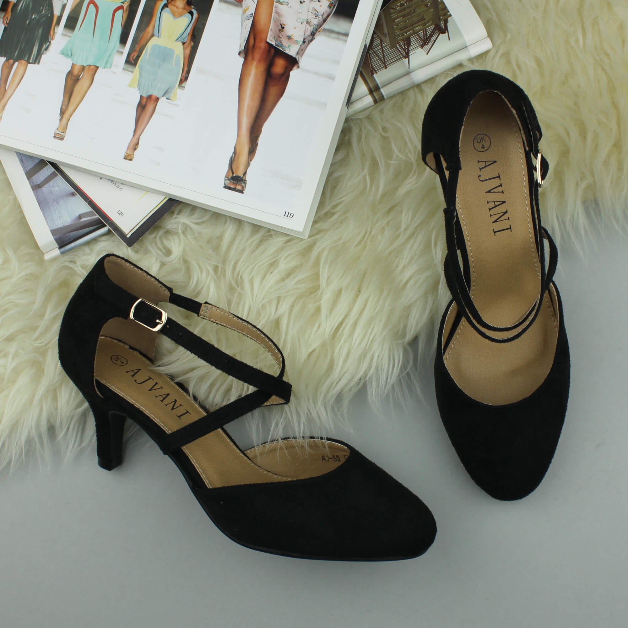 Black AJVANI Black Mid Heel Crossed Straps Court Shoes, Image 4 of 6