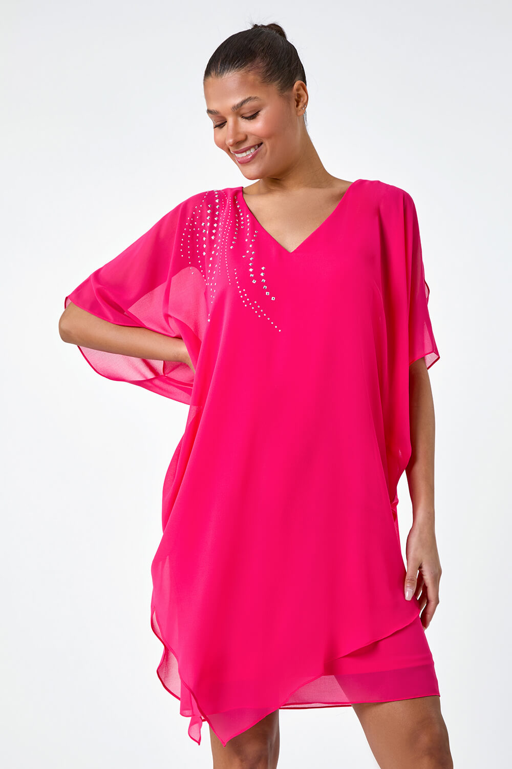 Cerise Embellished Cold Shoulder Overlay Dress, Image 3 of 5