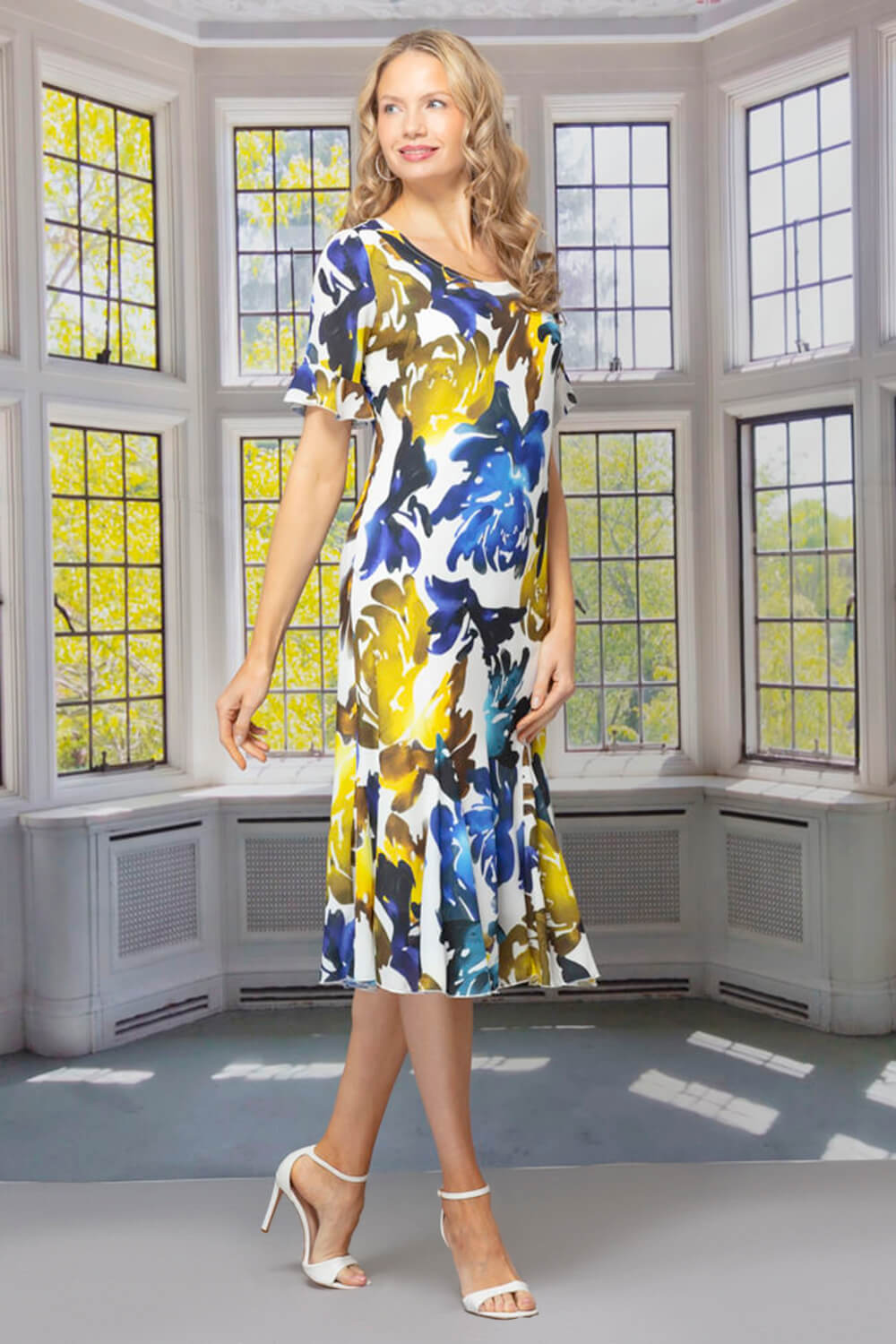 Navy Julianna V-Neck Godet Hem Dress, Image 3 of 3