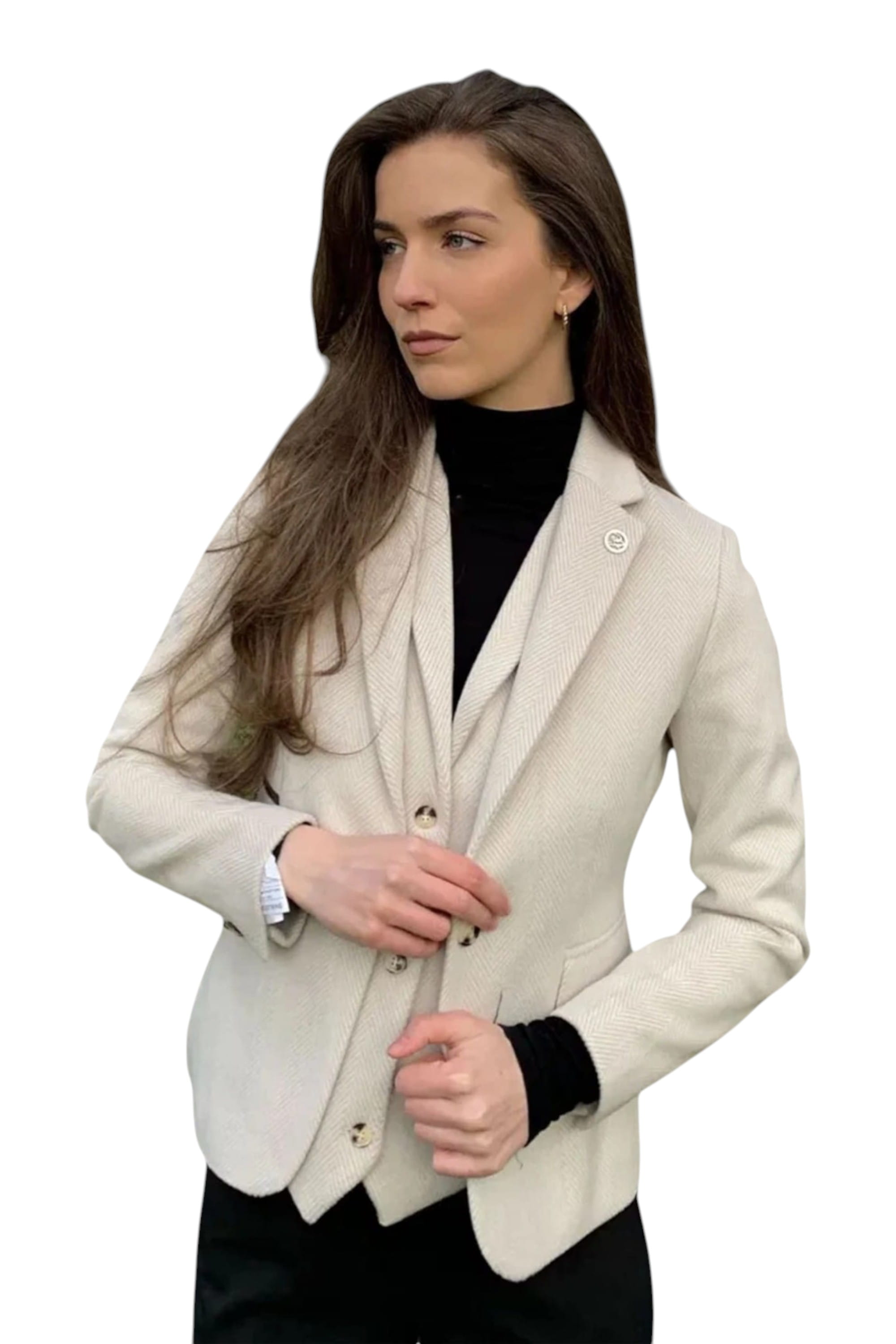 Cream Infinity Leather Cream Women's Cream Wool Blend Tweed Blazer, Image 2 of 6