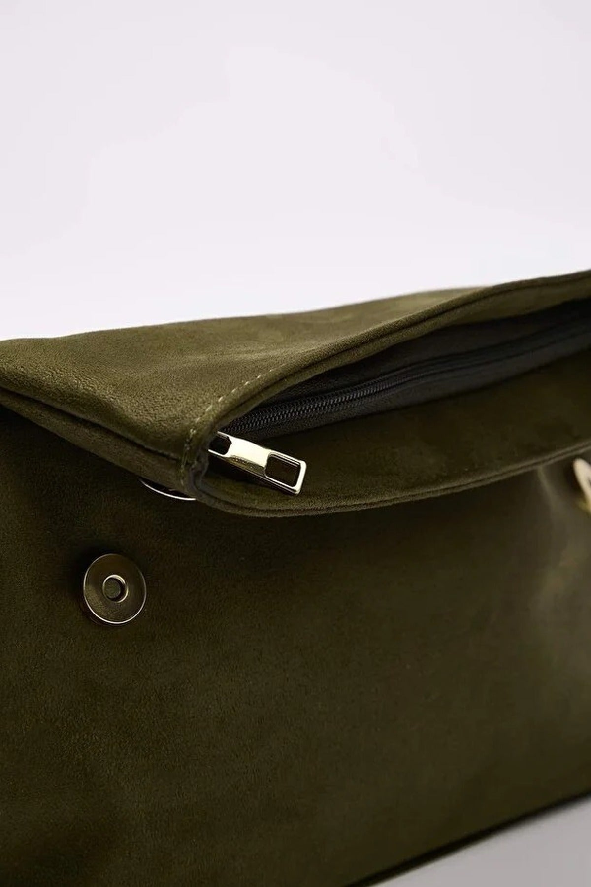 Khaki Soft Suede Foldover Clutch Bag, Image 3 of 5