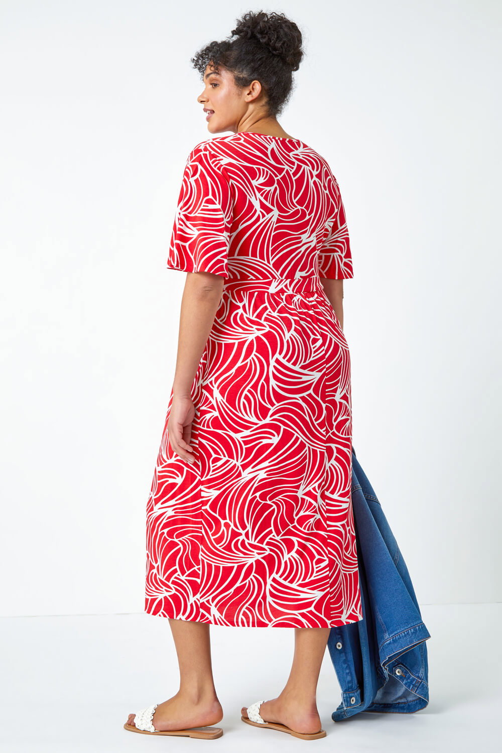 Red Curve Linear Print Midi Wrap Dress, Image 4 of 5