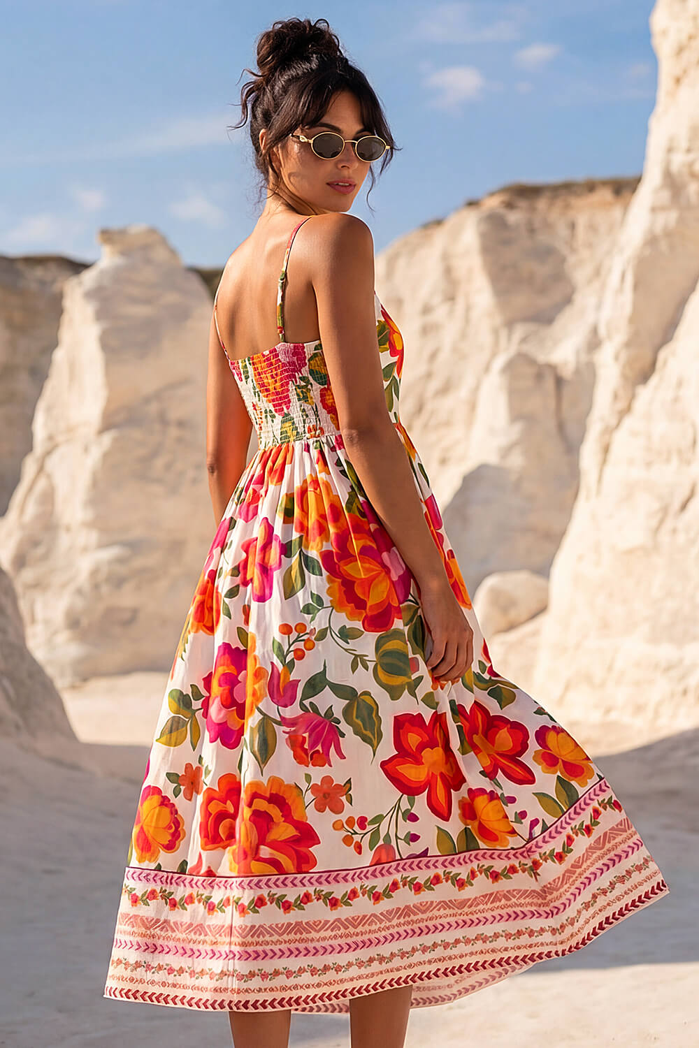 ORANGE Dusk Cotton Floral Border Midi Dress, Image 4 of 4