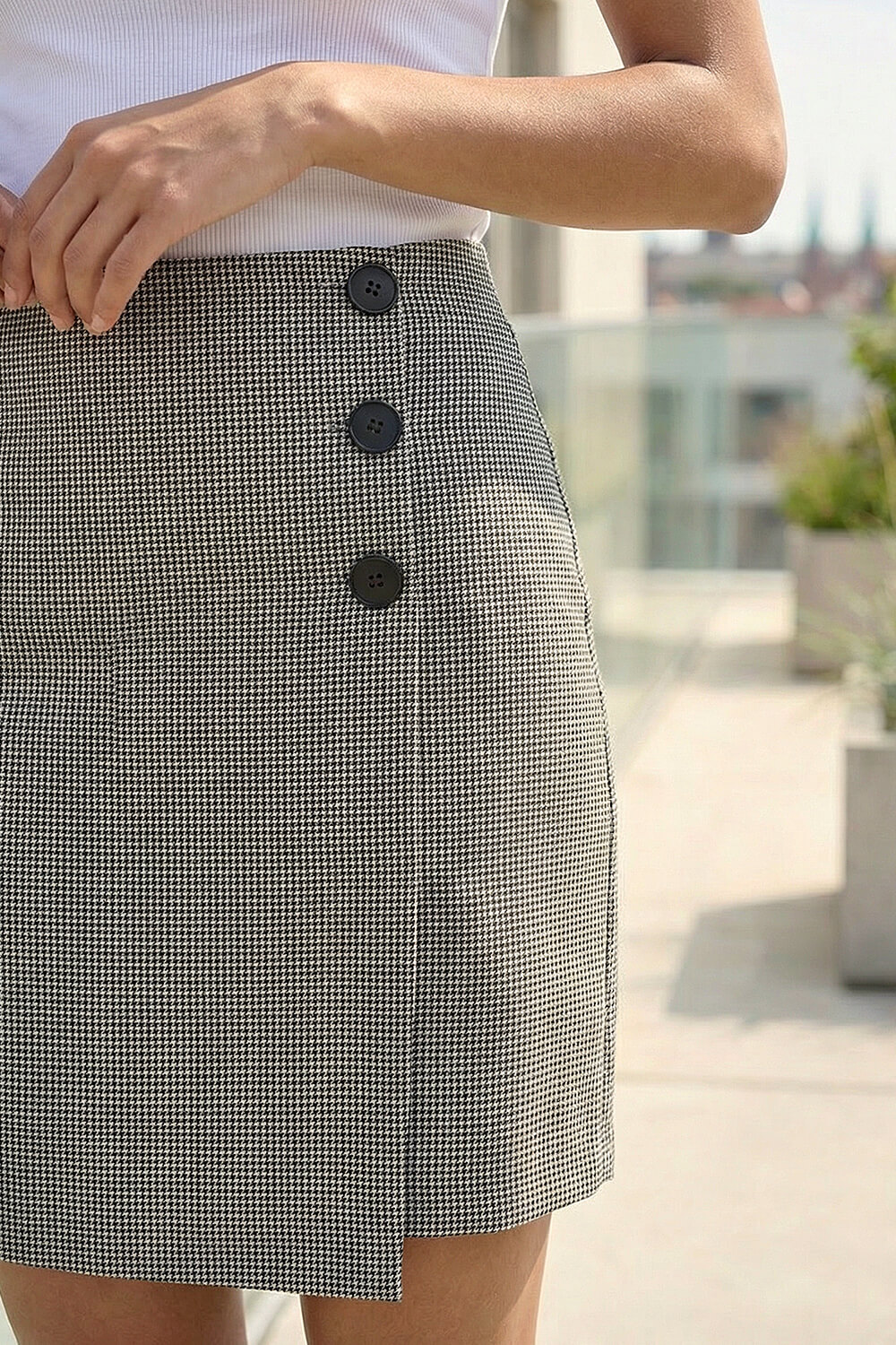 Black Dogstooth Button Detail Stretch Skirt , Image 5 of 4