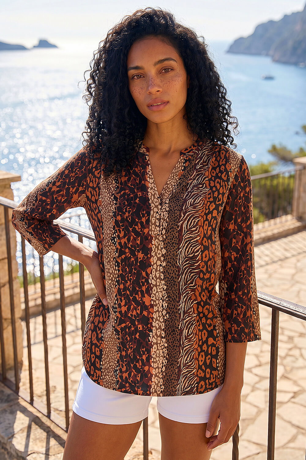 Tan Abstract Print V-Neck Stretch Top, Image 1 of 4