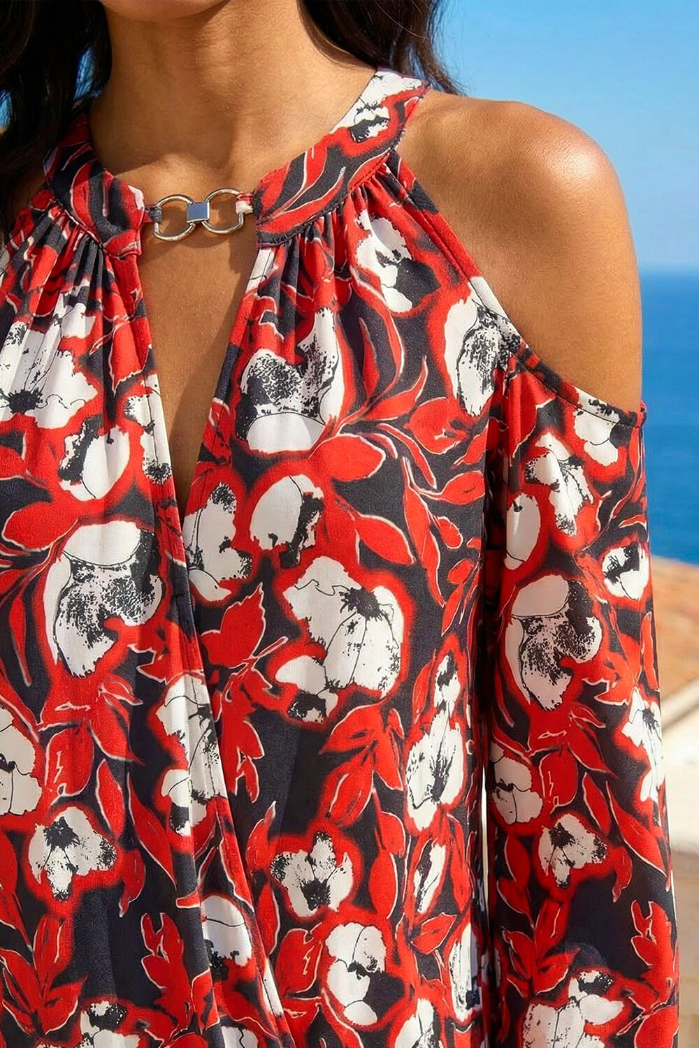 Red Printed Cold Shoulder Stretch Top, Image 5 of 4