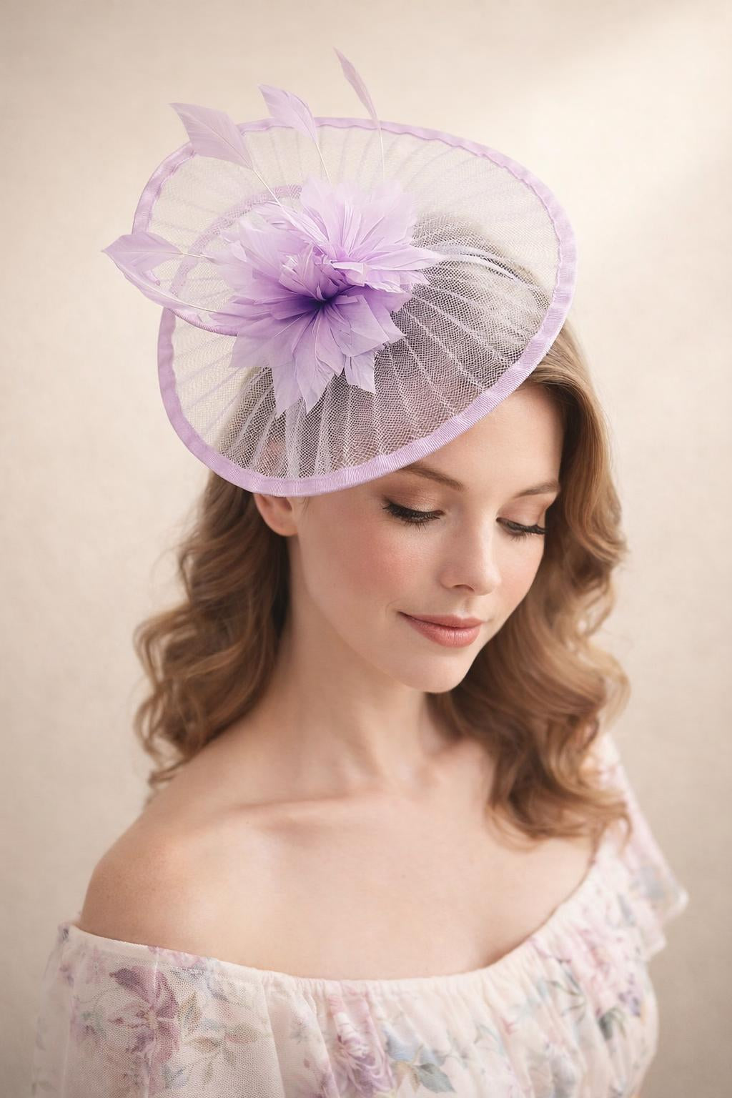 Purple Spiral Circular Brim Fascinator With Feathers Burst
