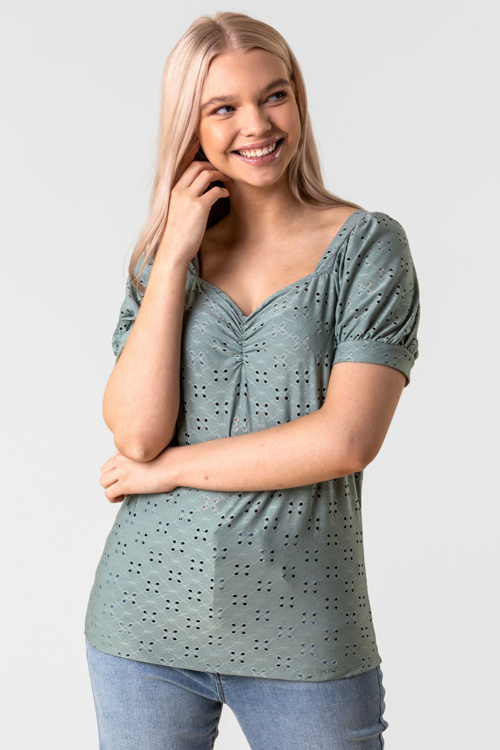 Sage Sweetheart Gathered Broderie Top, Image 1 of 5