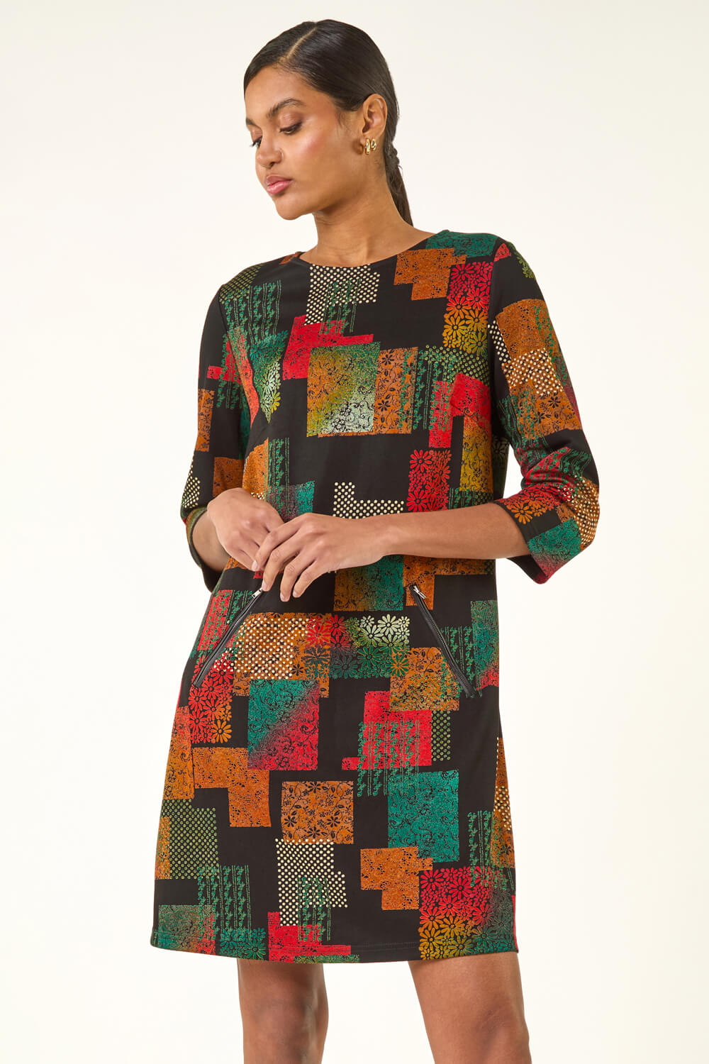 Copper Geo Print Shift Stretch Dress, Image 3 of 5