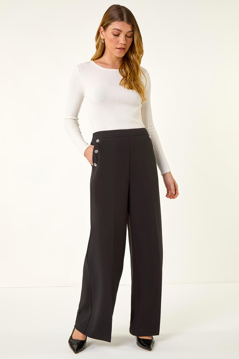 Black Button Pocket Full Length Trousers, Image 3 of 5
