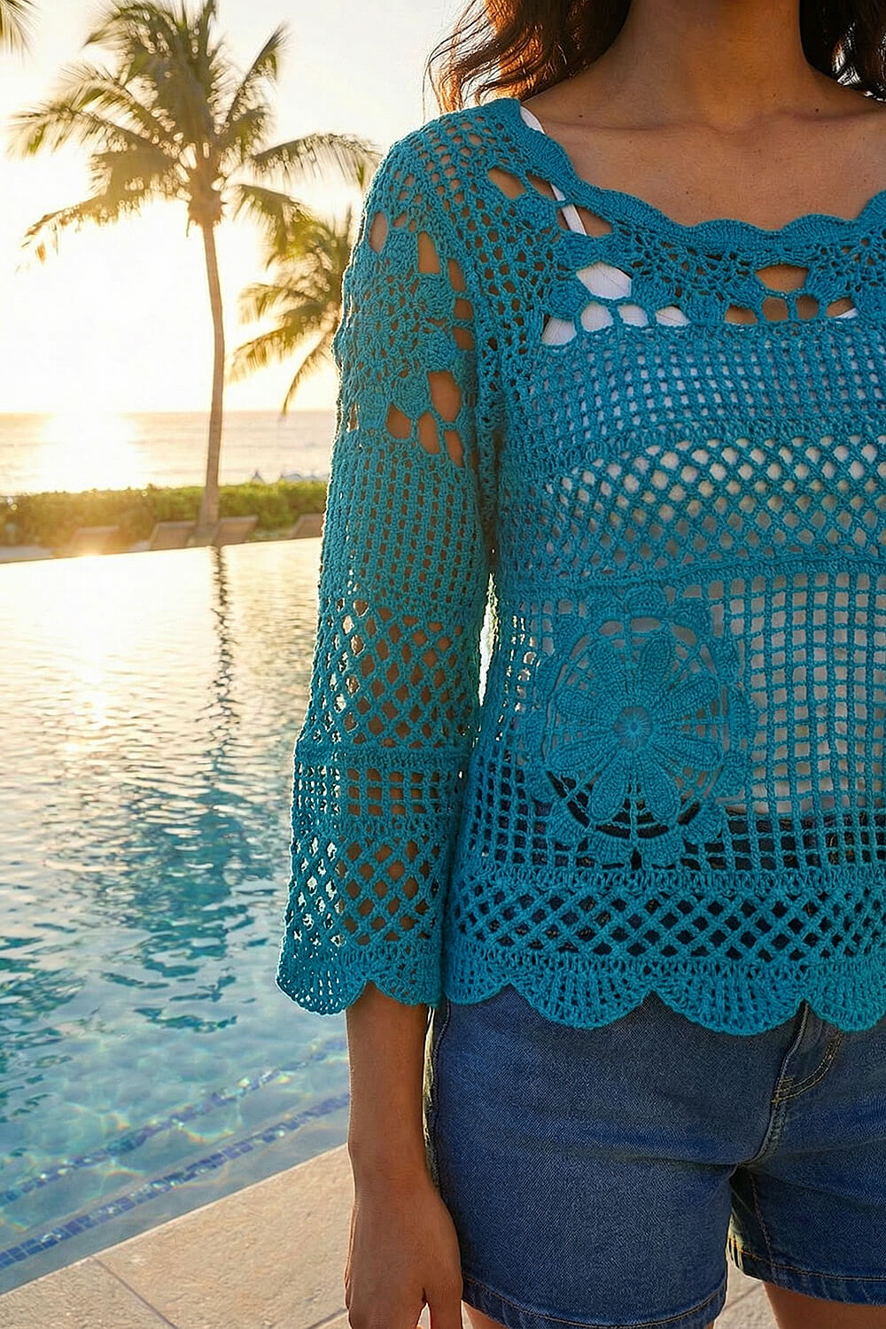 Teal Crochet Knit Flared Sleeve Top, Image 5 of 4