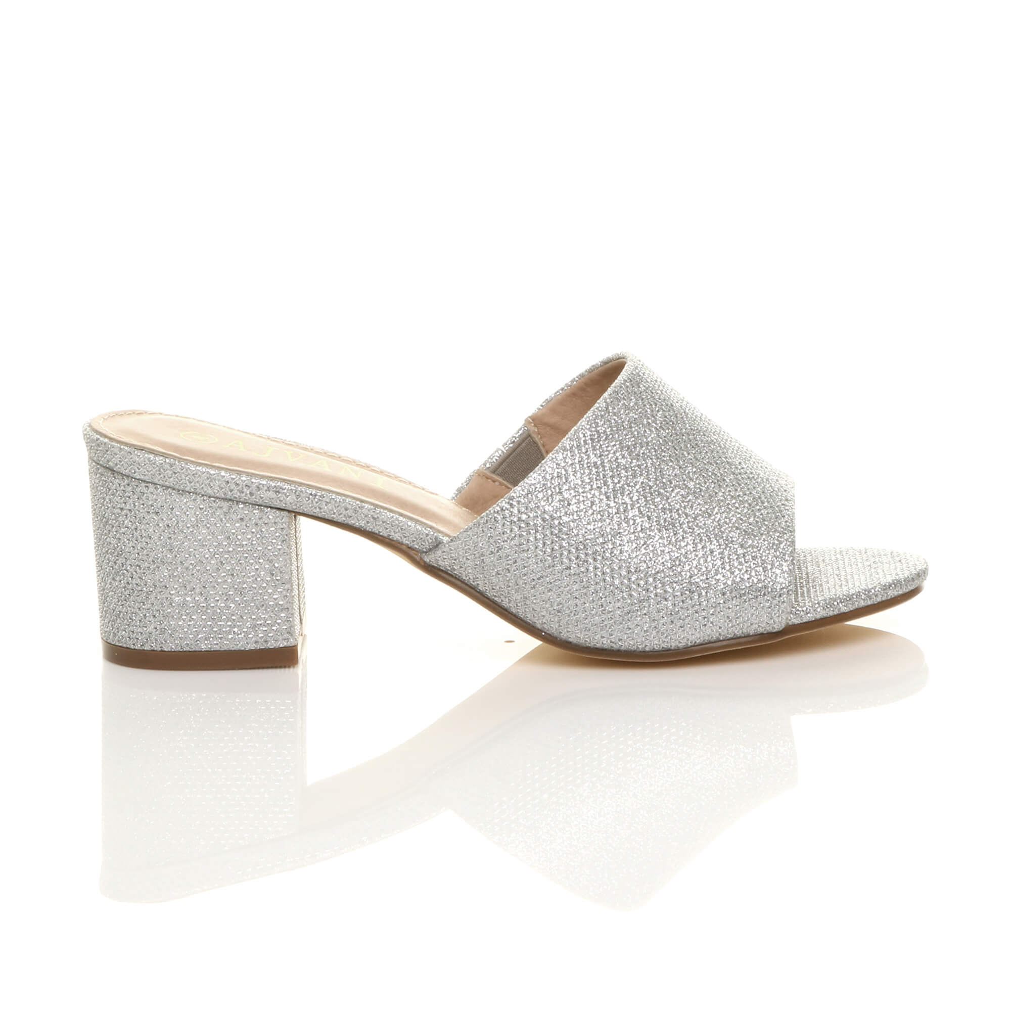 Silver AJVANI Silver Mid Block Heel Peep Toe Mules Sandals, Image 2 of 6