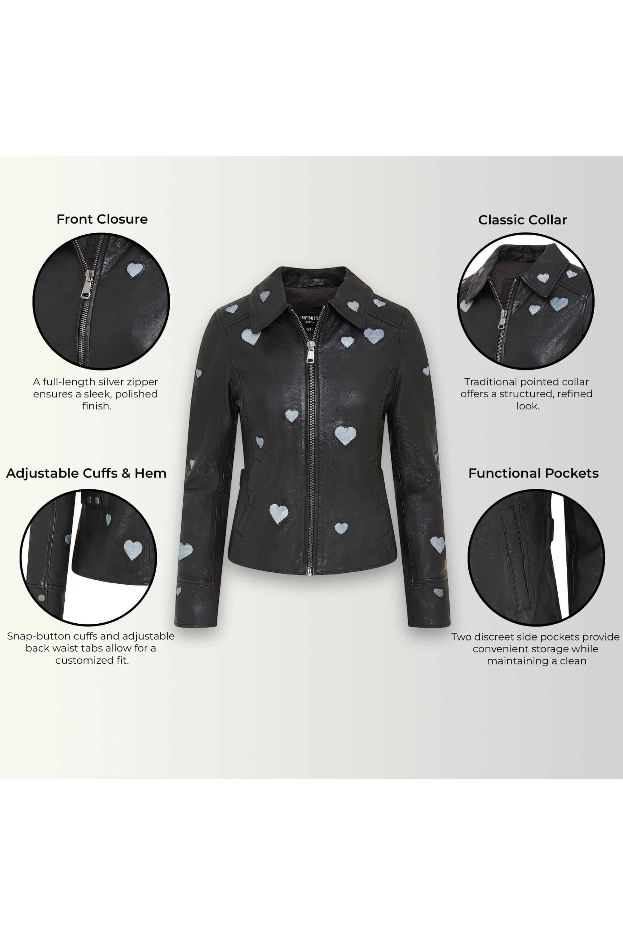 Charcoal Leather Hearts Biker Jacket - Wynyard, Image 3 of 6