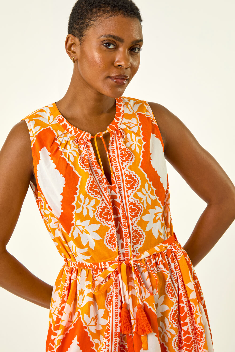 Orange Abstract Tie Neck Midi Dress, Image 5 of 5