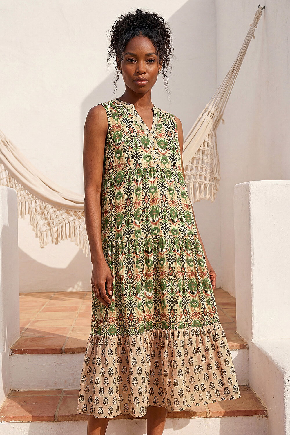 KHAKI Border Print Midi Smock Dress, Image 3 of 4