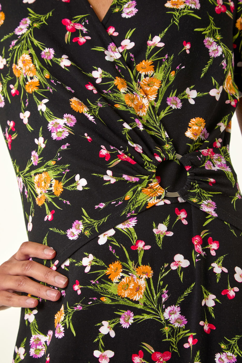 PINK Floral Stretch Ring Detail Midi Dress, Image 6 of 5