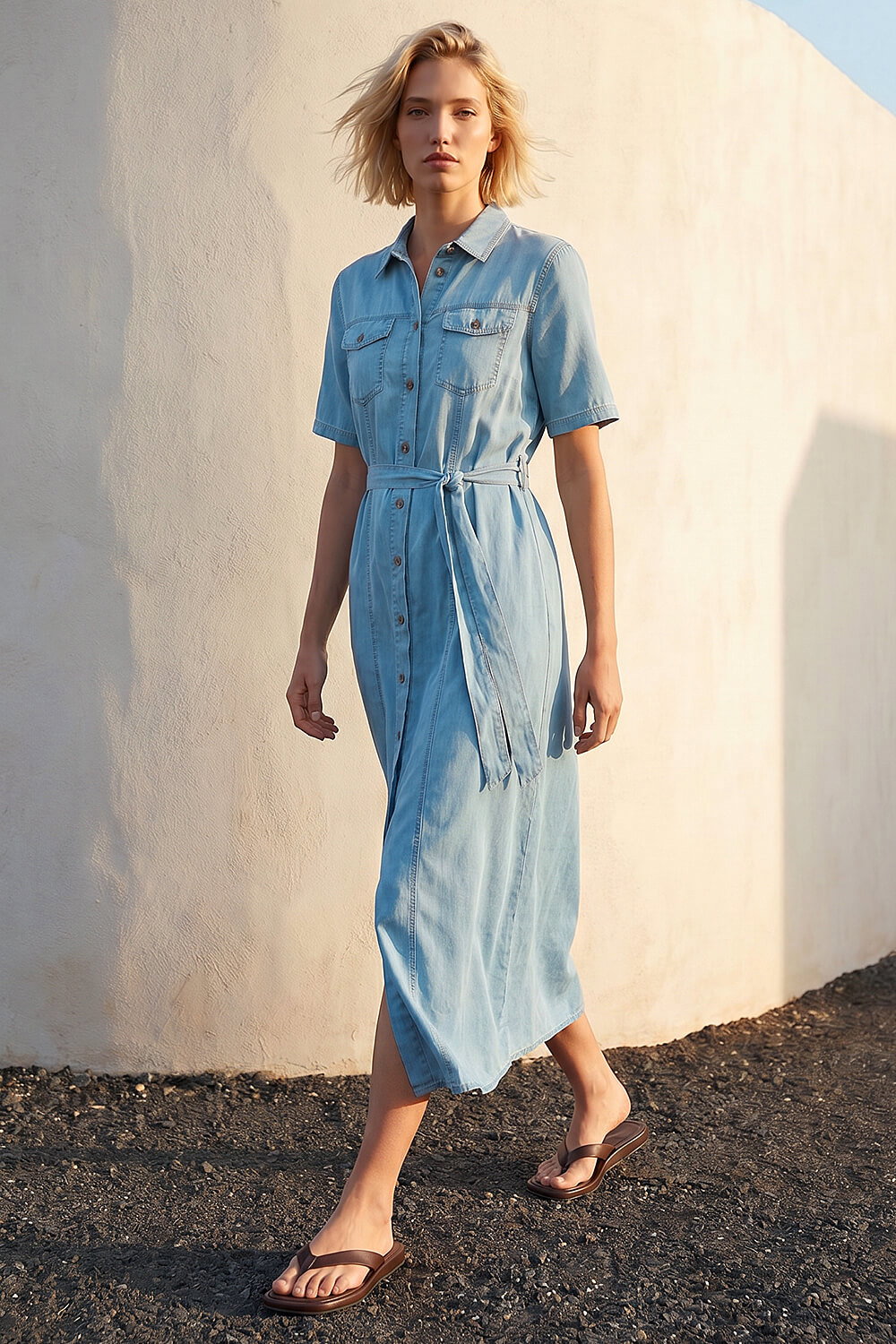 Light Denim Button Down Midi Dress, Image 1 of 4