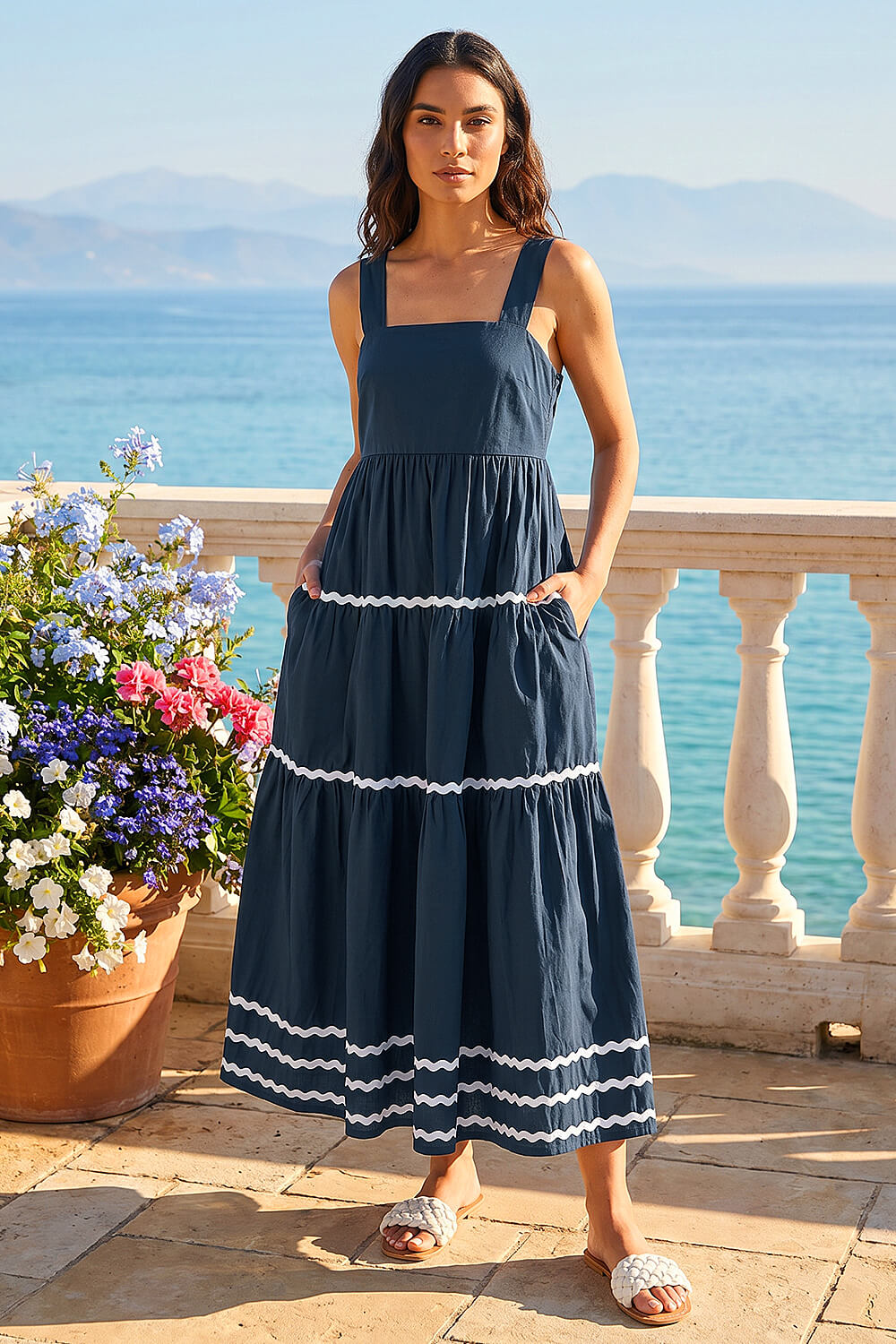 Navy Ric Rac Tiered Midi Dress, Image 1 of 4