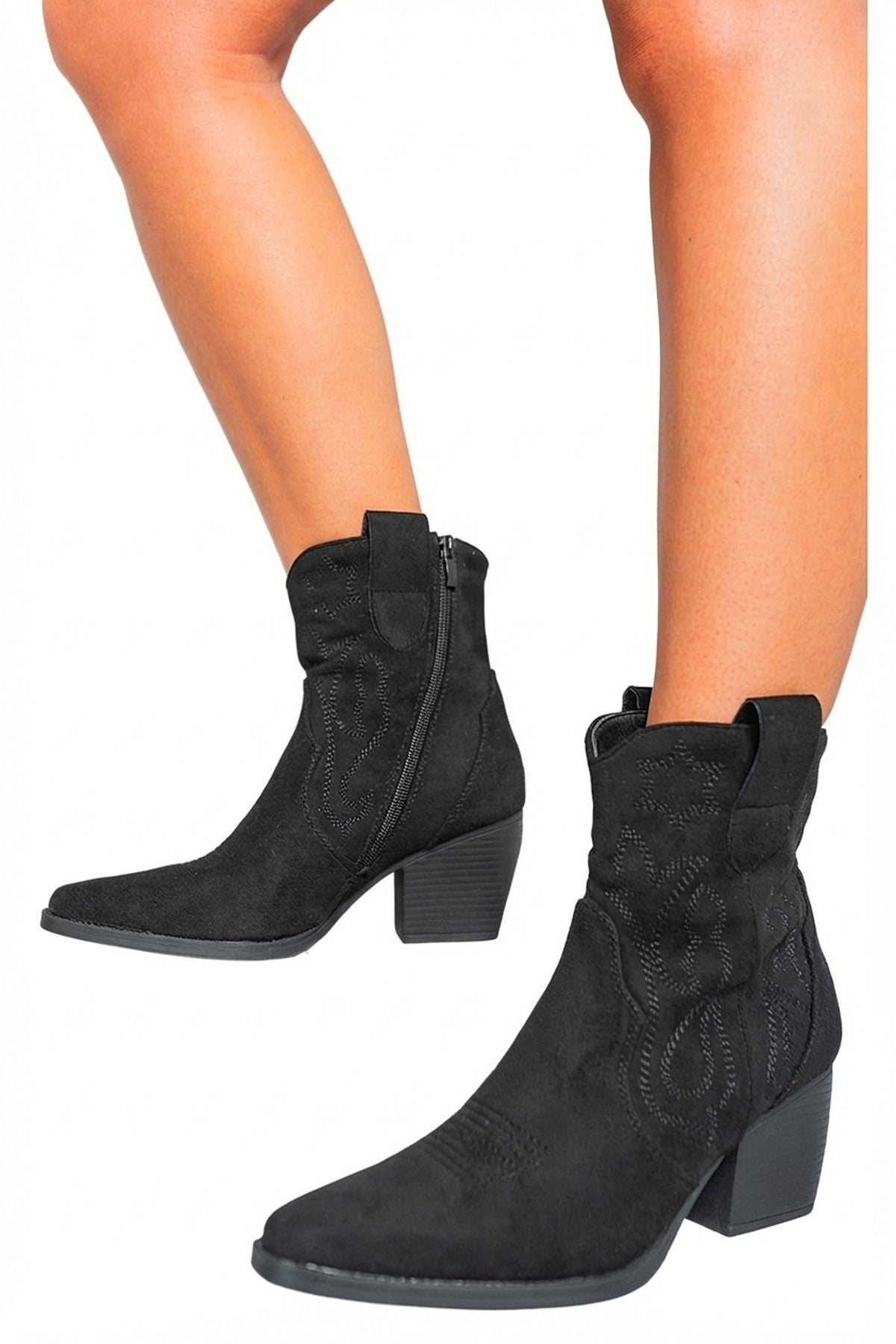 Black iKrush Black Laura Suede Cowboy Ankle Length Boots, Image 4 of 8