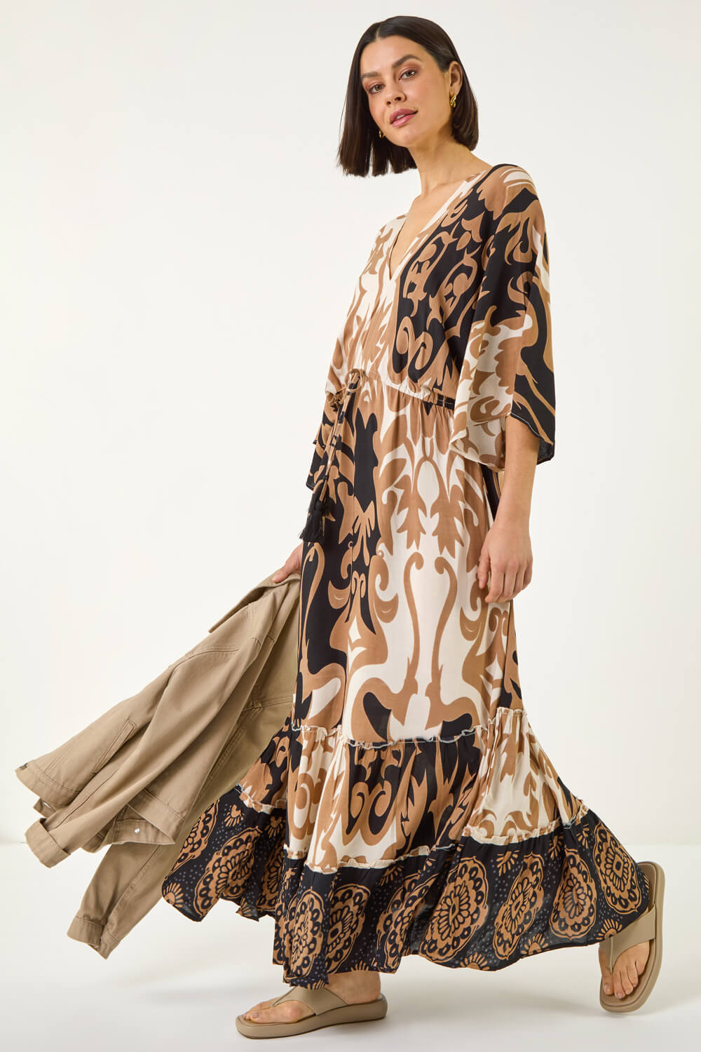 Roman Women's Tan Boho Border Print Maxi Dress Size 12