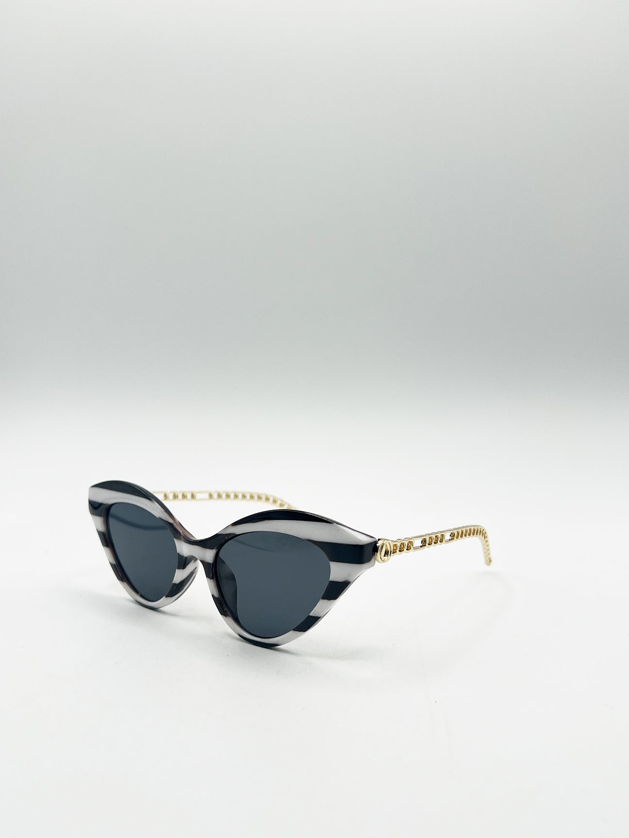 Brown Cat-Eye Sunglasses in Black White Stripe, Image 3 of 6