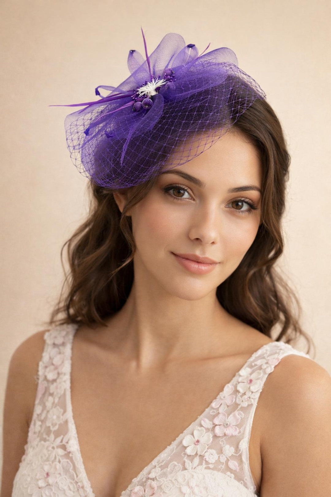 Purple Feather Bloom Mesh Fascinator In Gold