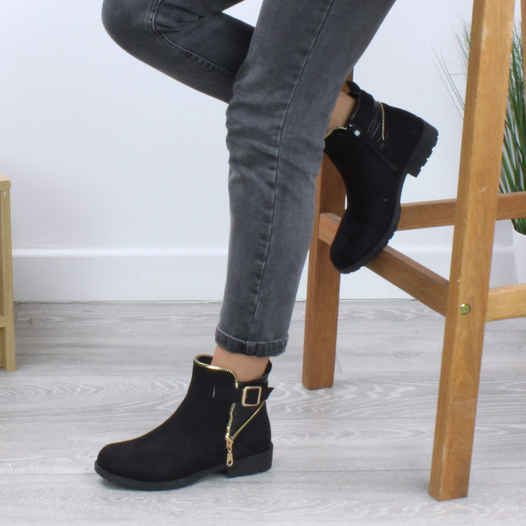 Black Low Heel Gold Zip Ankle Boots, Image 5 of 6