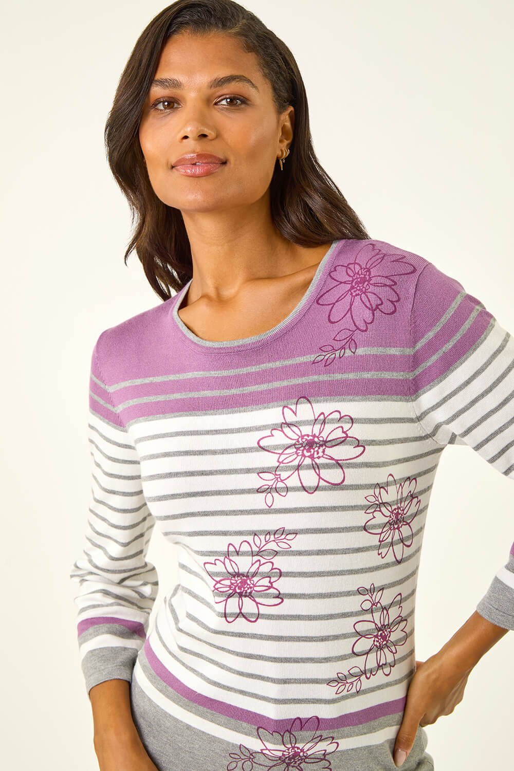 Ivory  Floral Stripe Knit Jumper, Image 6 of 6