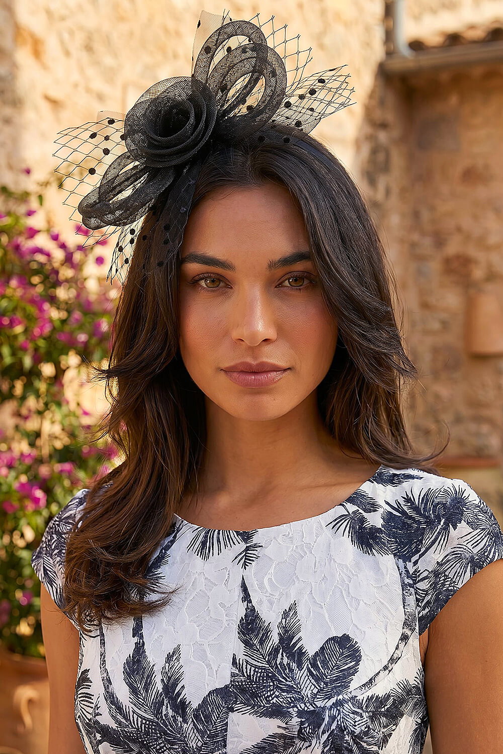 Black Spot Mesh Flower Fascinator, Image 4 of 4