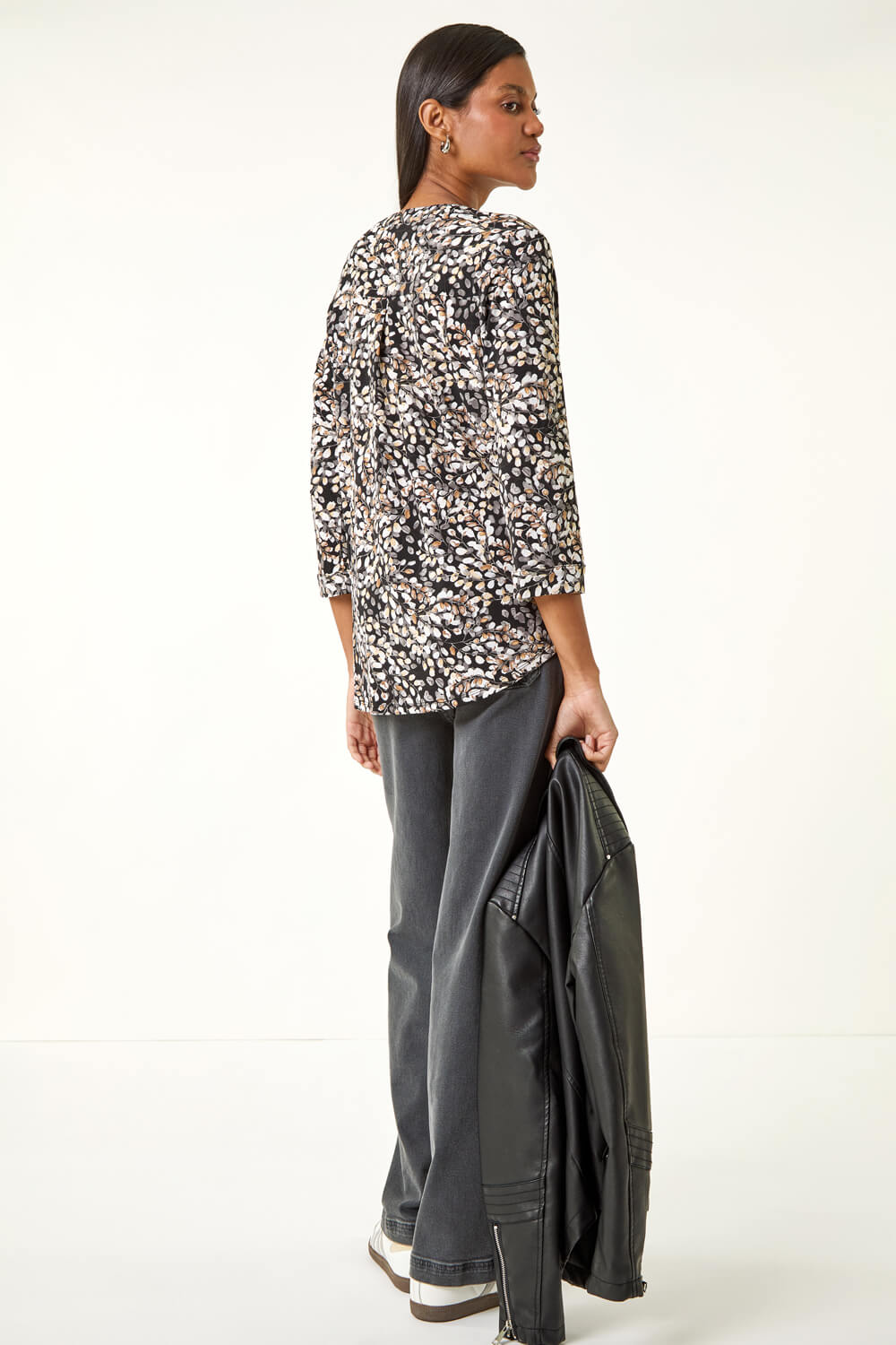 Beige Floral Puff Print Stretch Top , Image 4 of 5