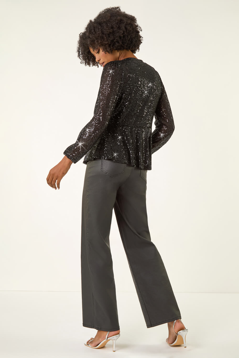 Black Sequin Tie Front Stretch Top, Image 4 of 5