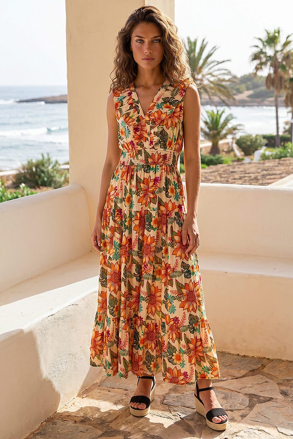 Orange Floral Print Frill V-Neck Maxi Dress, Image 4 of 4