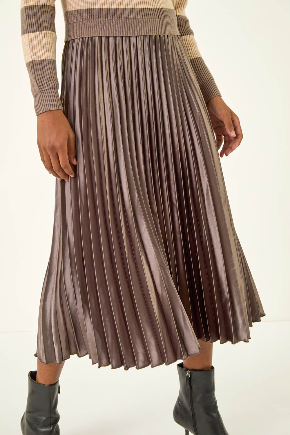 Tan Stripe Knit Pleated Dress, Image 6 of 5