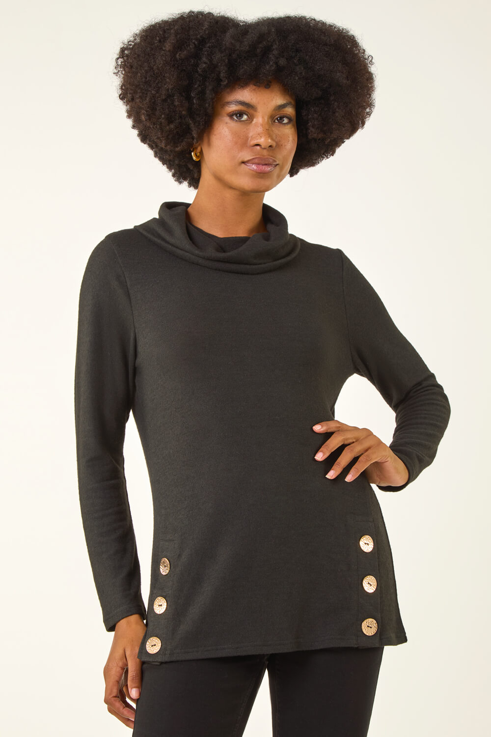 Black Cowl Neck Buttoned Top, Image 3 of 5