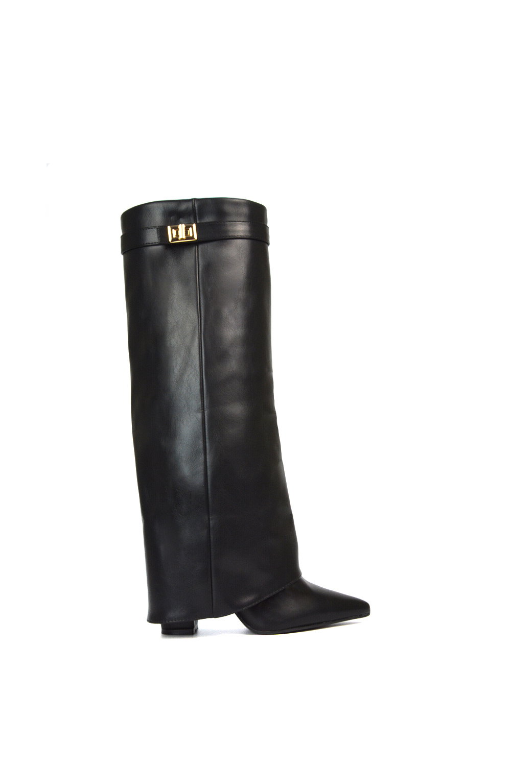 Black 'Rayna' Block Heel Knee High Foldover Boots With Pointed Toe
