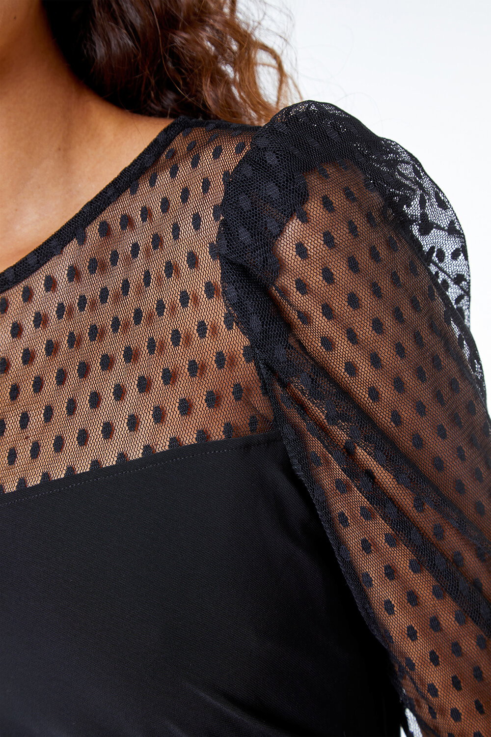 Spot Mesh Puff Sleeve Ruched Midi Dress in Black - Roman Originals UK