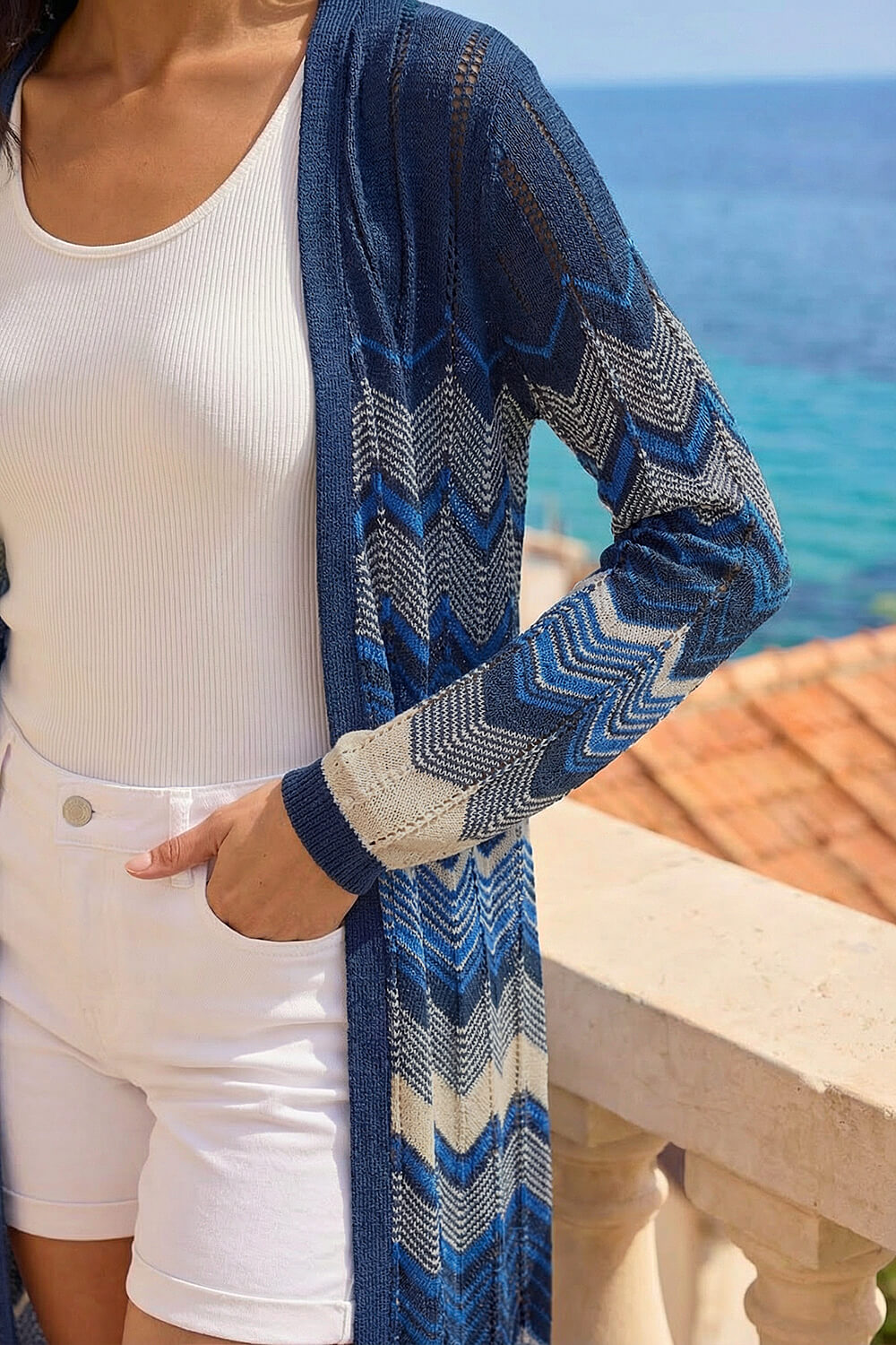 Blue Wave Chevron Longline Knit Cardigan , Image 5 of 5