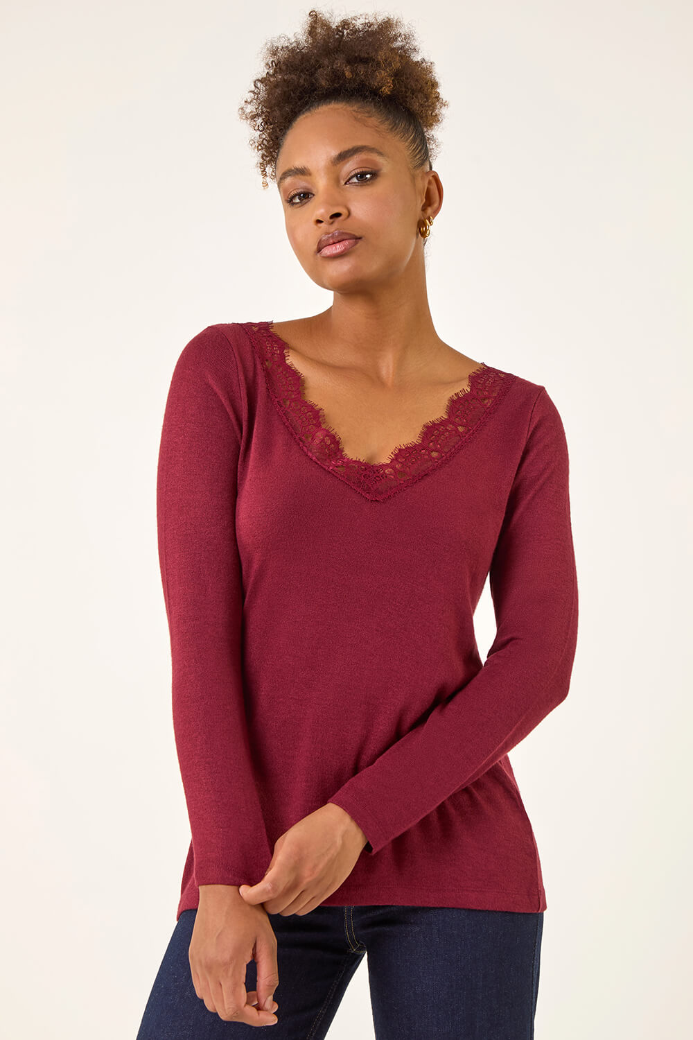 Red Lace V-Neck Stretch Top, Image 3 of 5