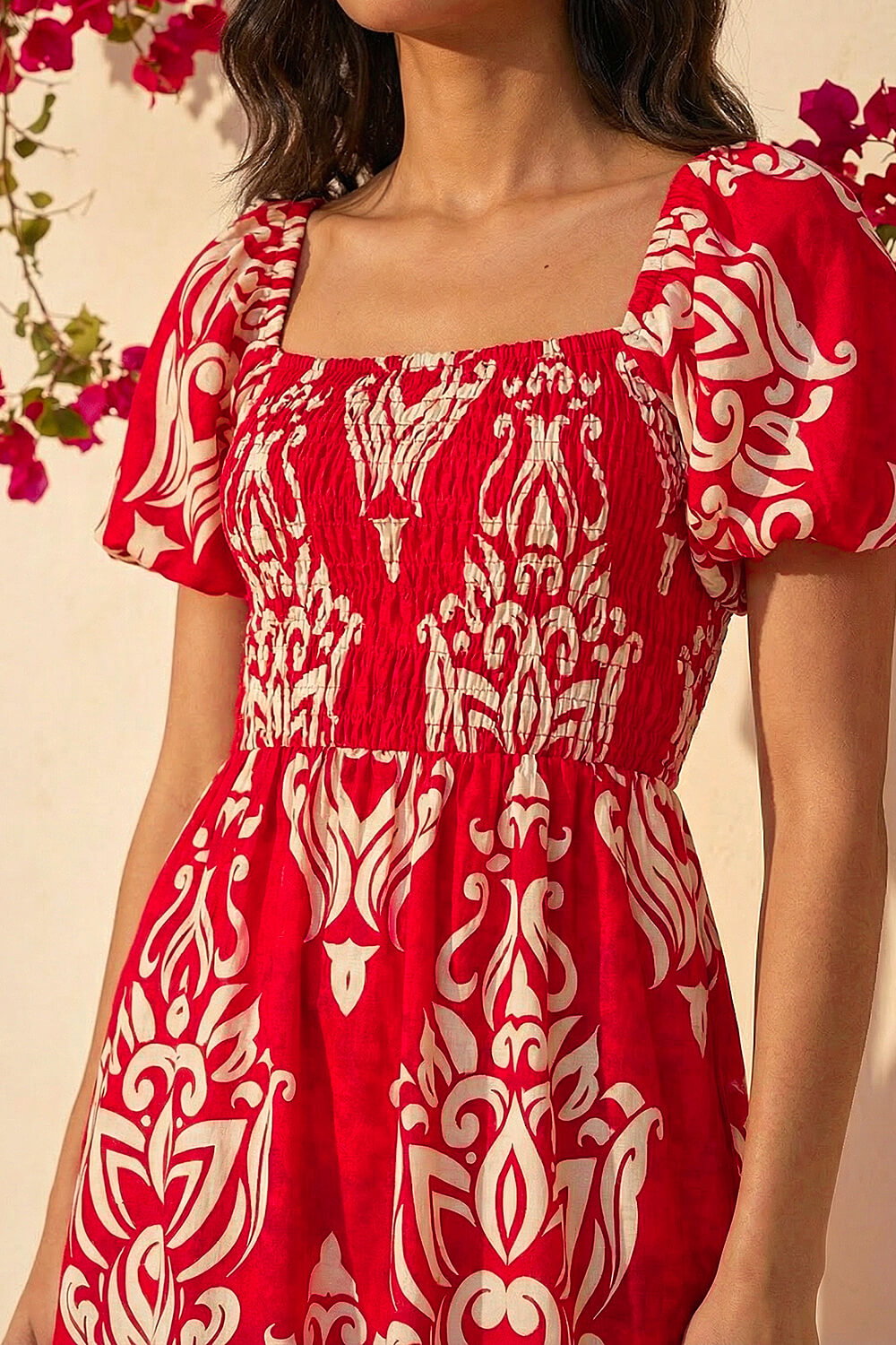 Red Abstract Print Shirred Midi Dress , Image 5 of 4