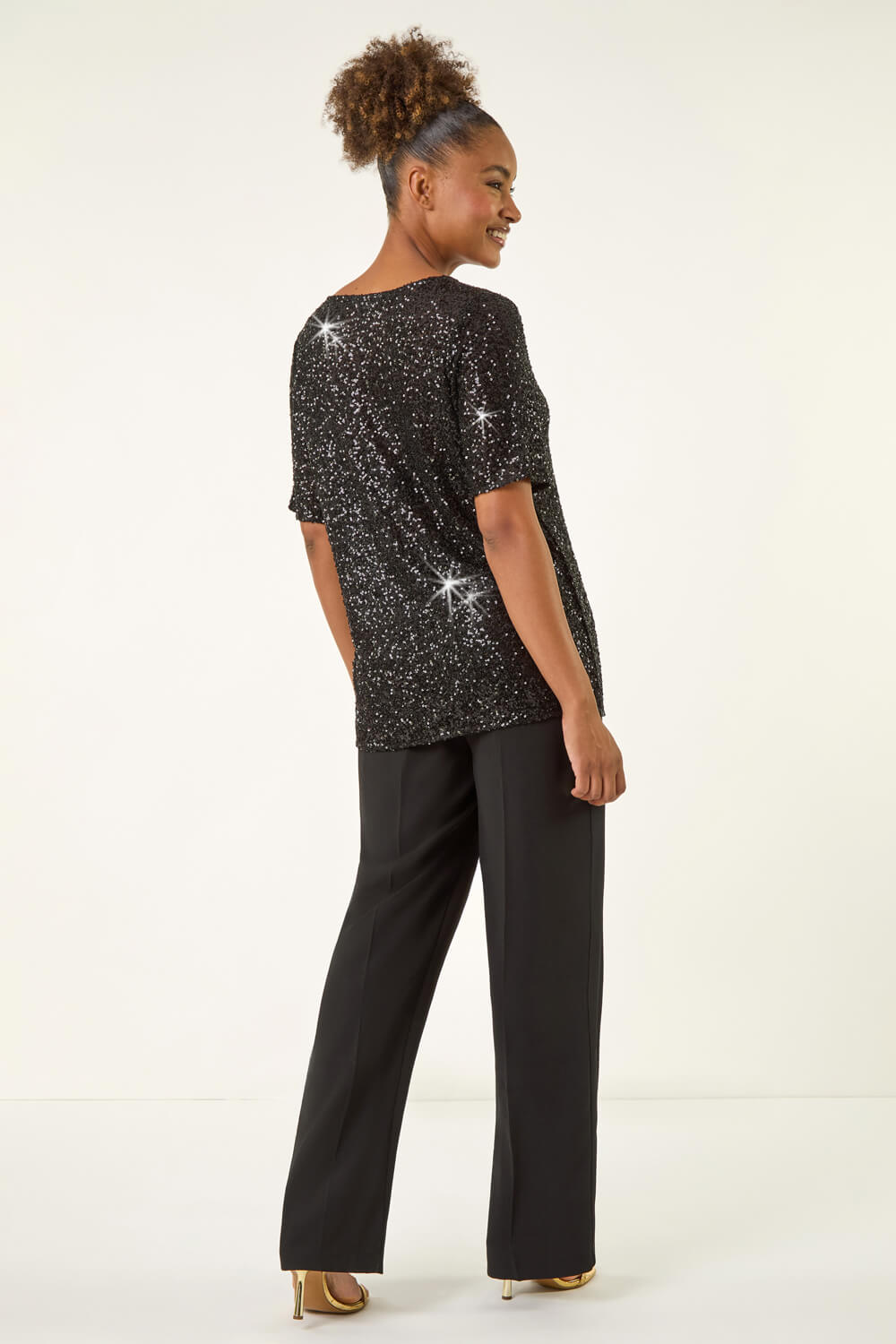 Black Sequin Embellished V-Neck Top, Image 4 of 5