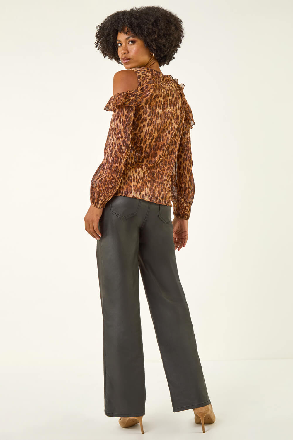 Tan Animal Print Plisse Ruffle Top, Image 4 of 5