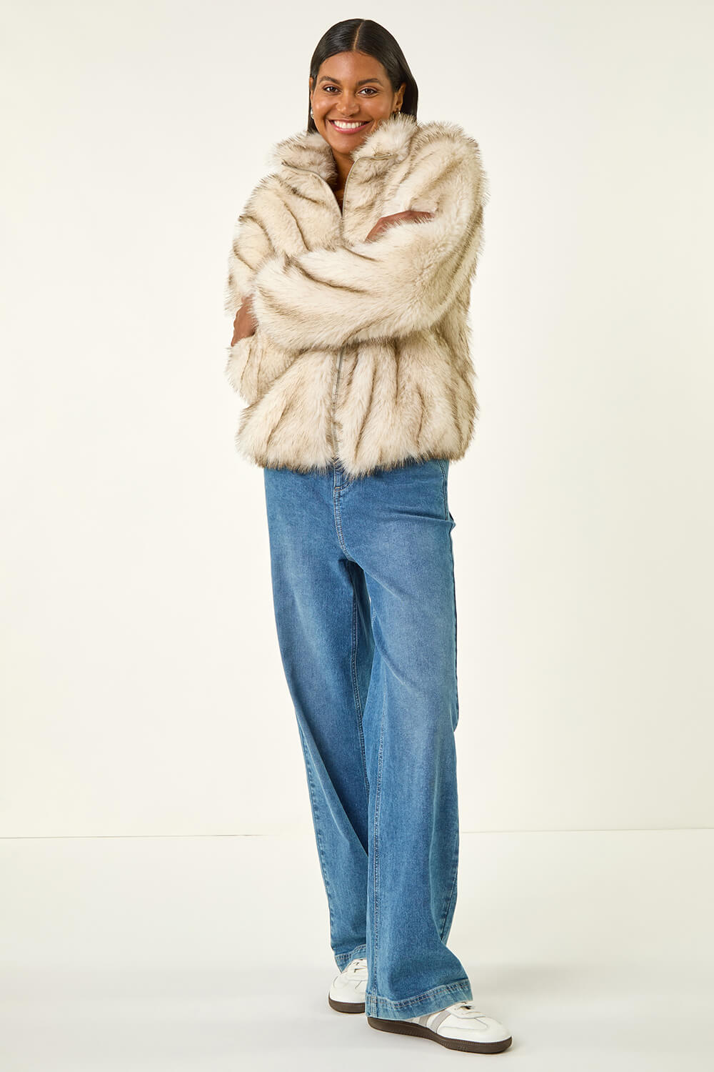 Stone Faux Fur Relaxed Jacket | Roman UK