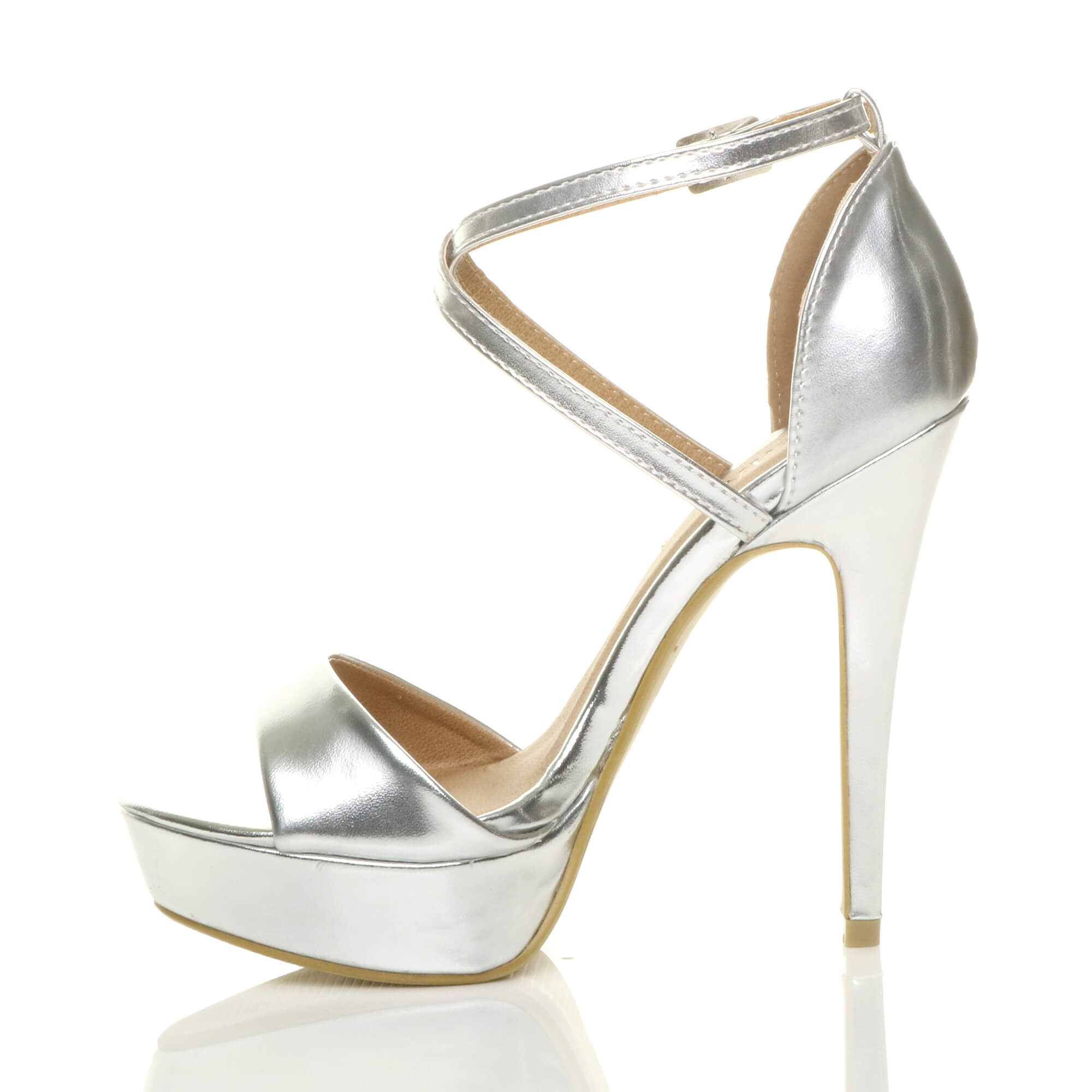 Silver AJVANI Silver High Heel Crossed Straps Platform Sandals, Image 3 of 6