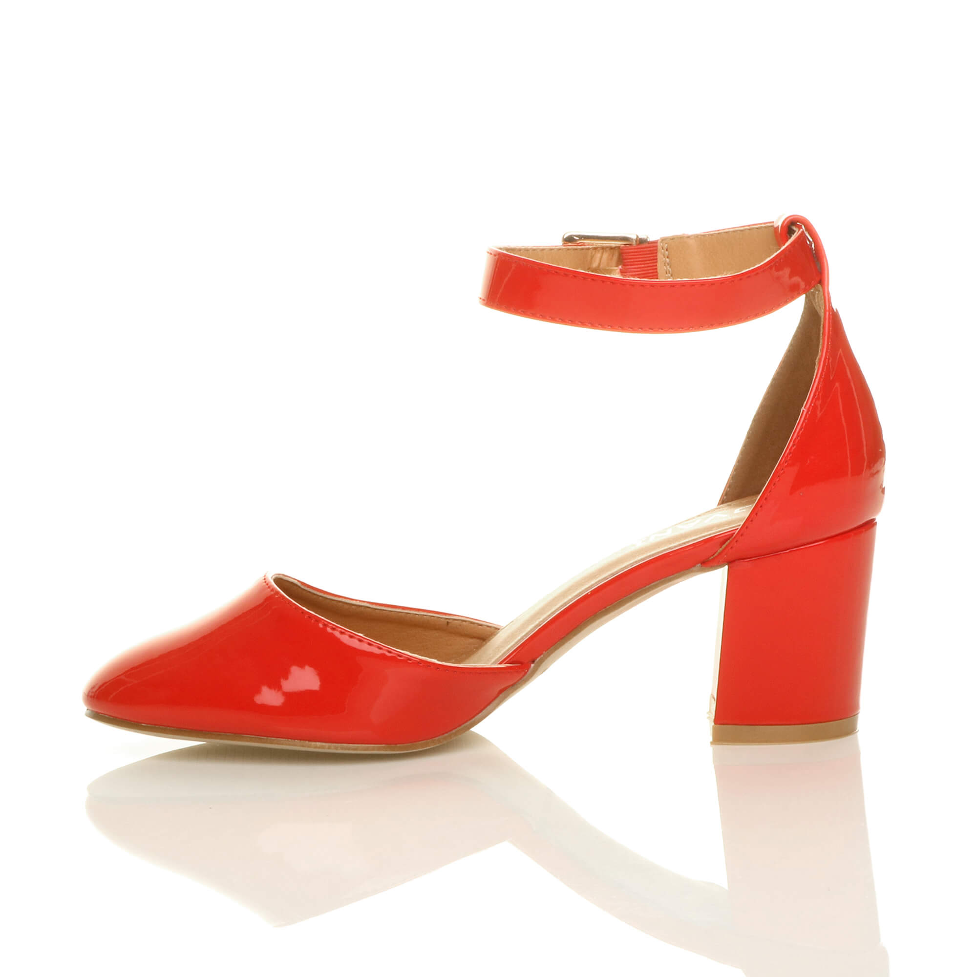 Red AJVANI Red Mid Block Heel Ankle Strap 2 Part Heels, Image 3 of 6