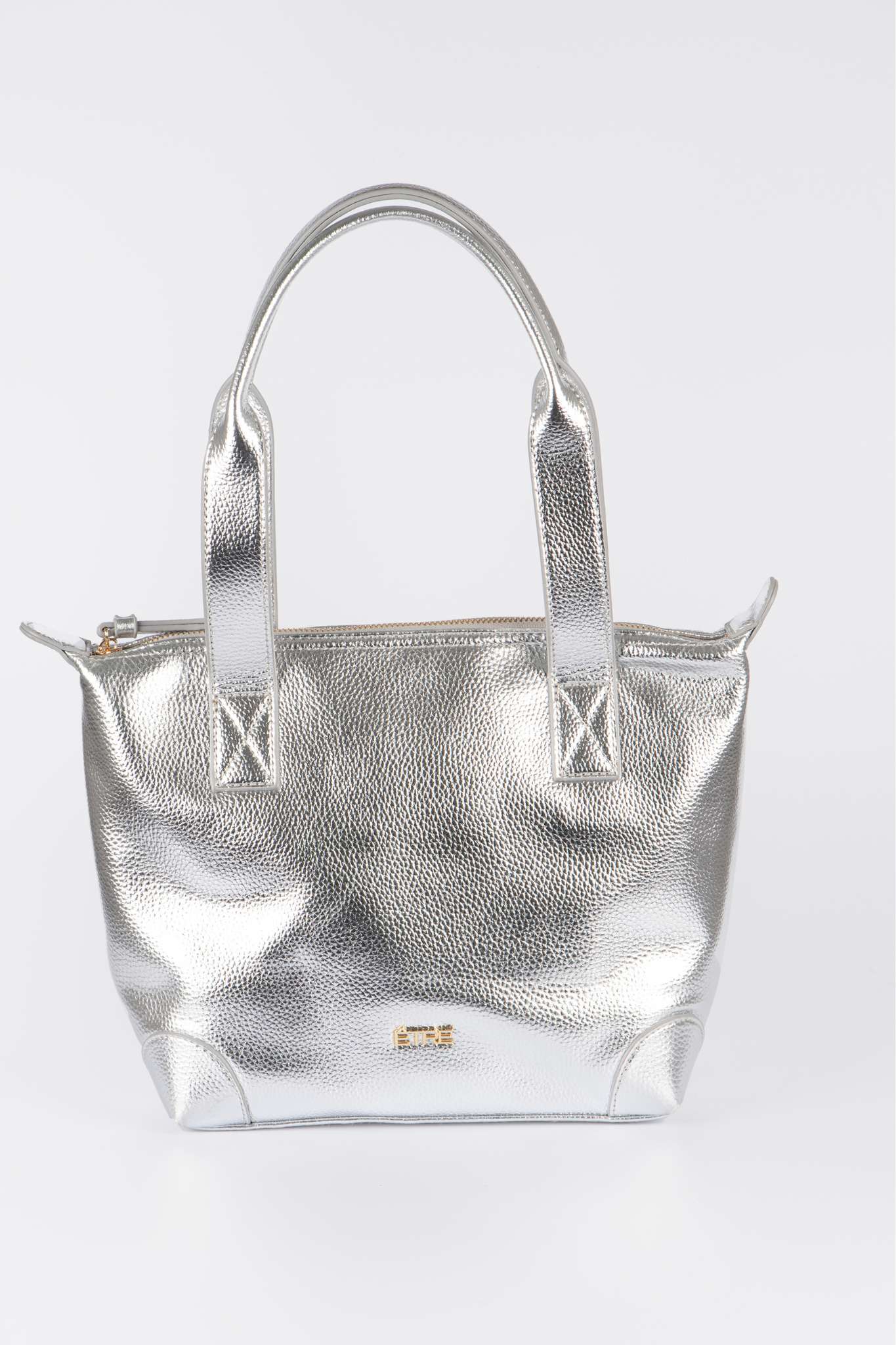 Silver Medium Metallic Faux Leather Tote Bag, Image 1 of 3