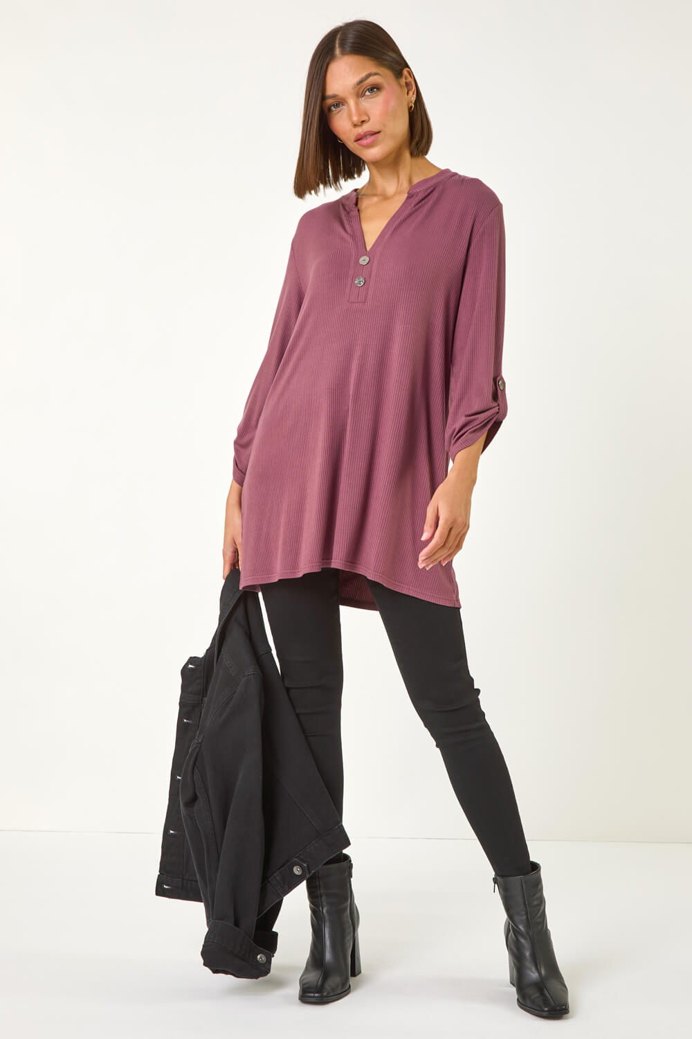 Mauve Ribbed Buttoned Stretch Shirt, Image 3 of 5