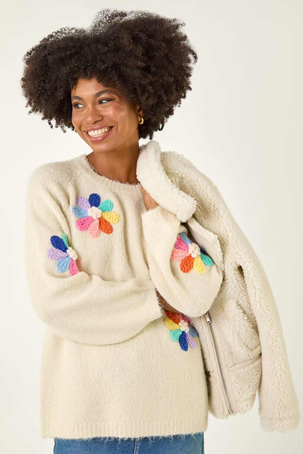 Ivory Floral Rainbow Knit Jumper, Image 6 of 8