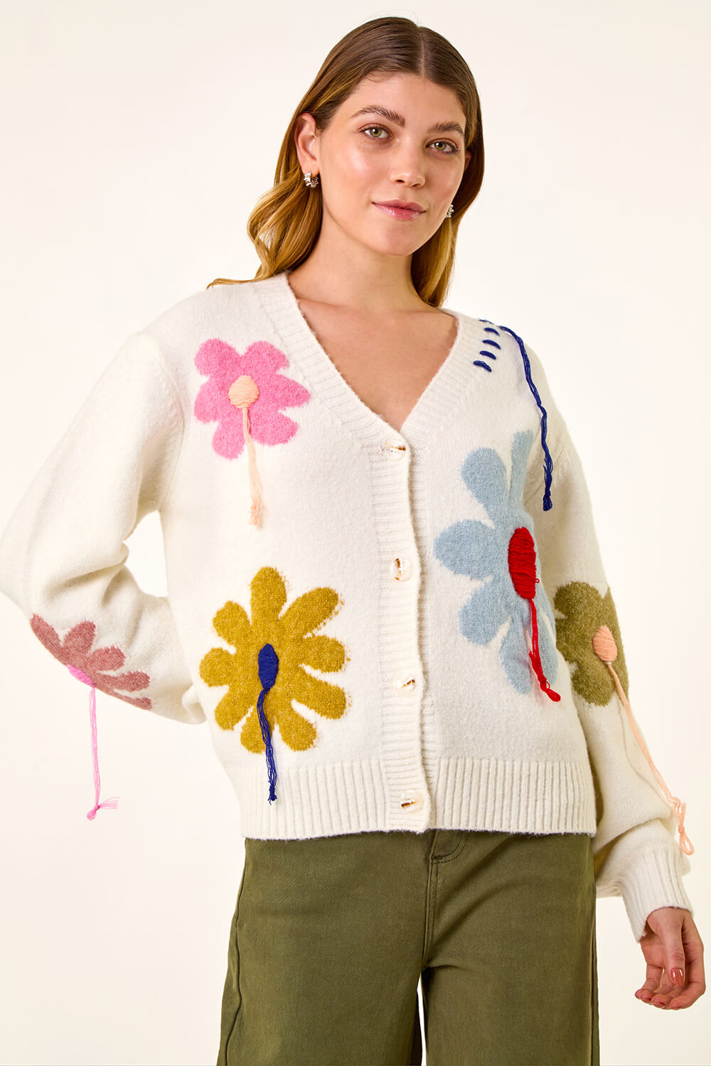 Ivory Floral Stitch Knit Cardigan, Image 3 of 6