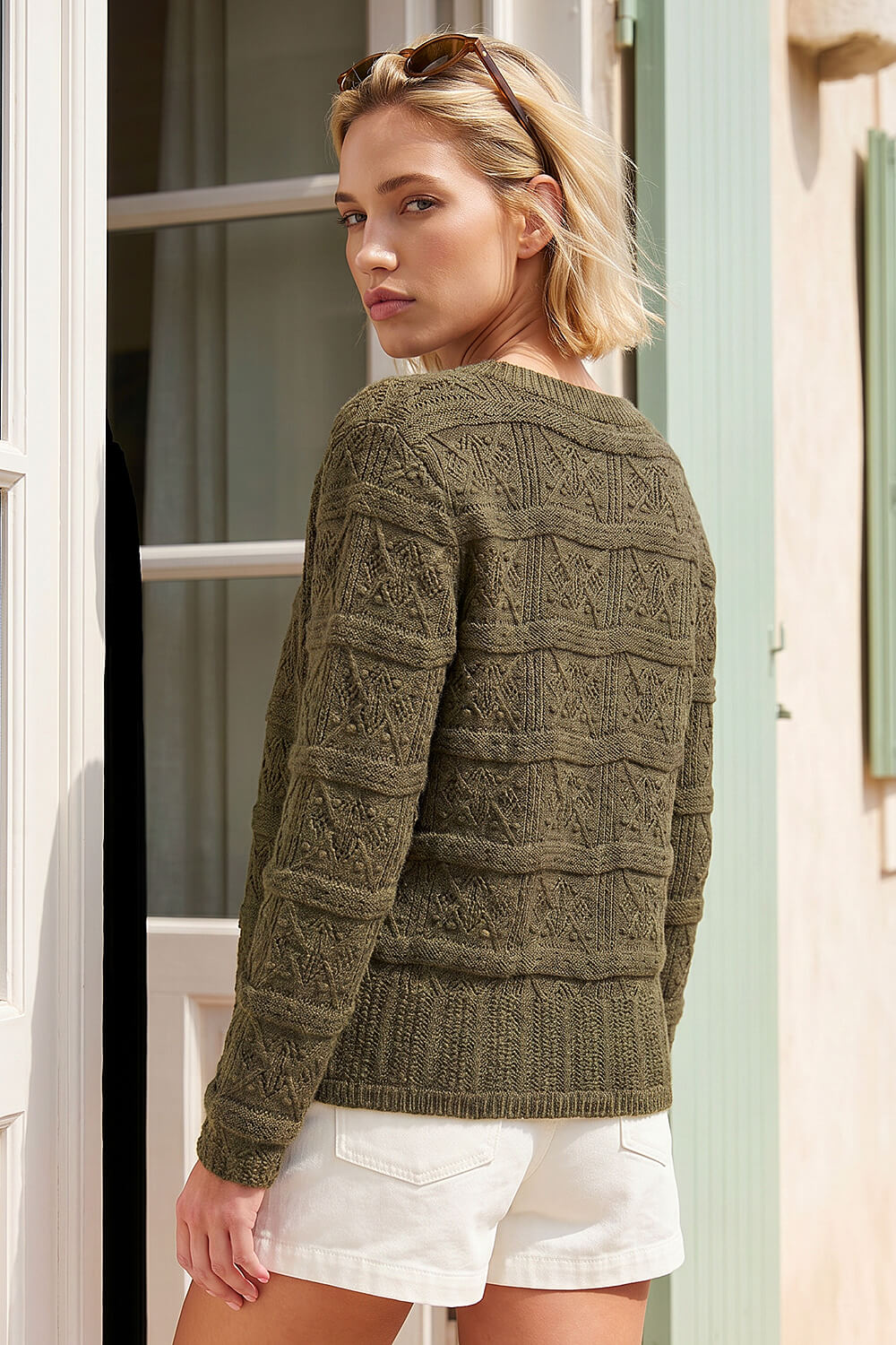 KHAKI Pointelle Knit Cardigan, Image 4 of 4